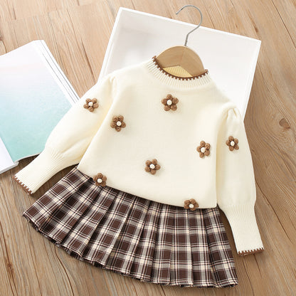 A girls sweater set autumn and winter new foreign style flower girls long sleeve knitted pullover pleated skirt two-piece set