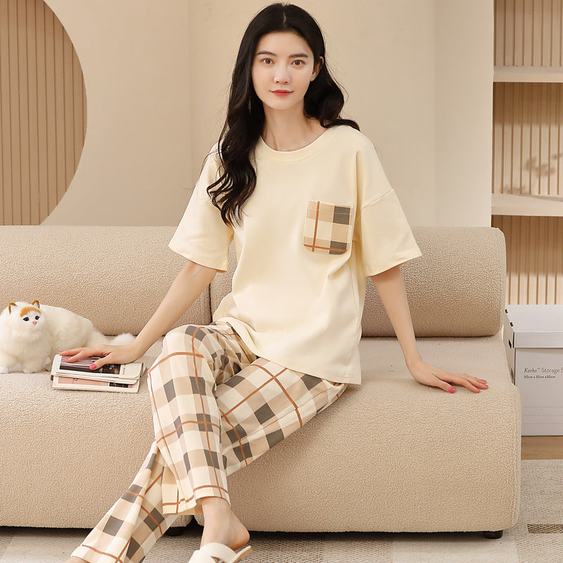 A pajamas women's summer women's pure cotton thin cool short-sleeved trousers round neck summer large-size women's loungewear suit