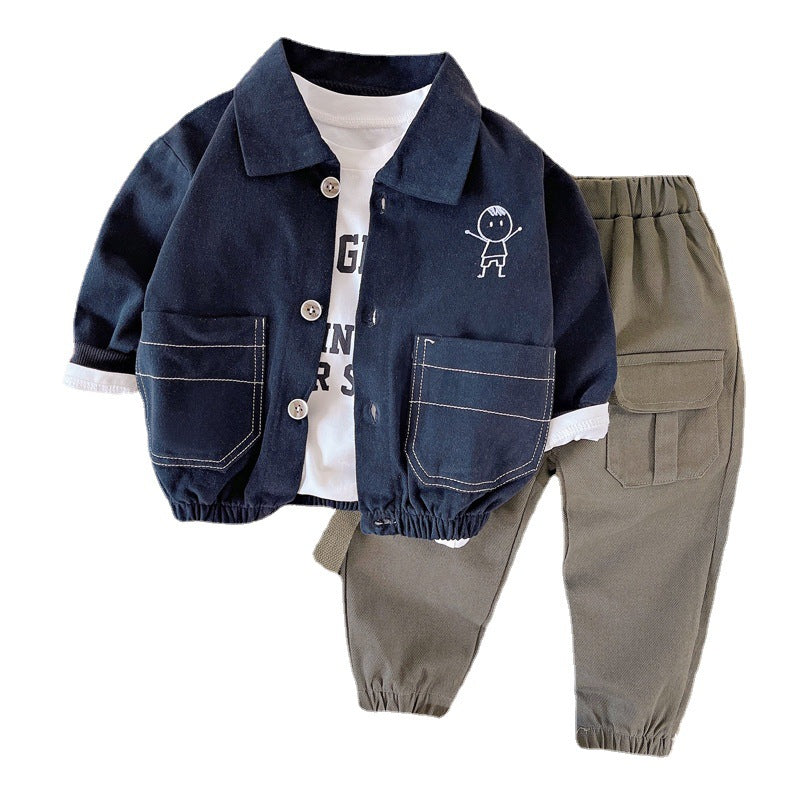 A children's clothing small and medium-sized children's labor suit three piece set, 1-4 year old boys suit collar jacket jacket jacket casual pants bottom shirt set, 0.3kg