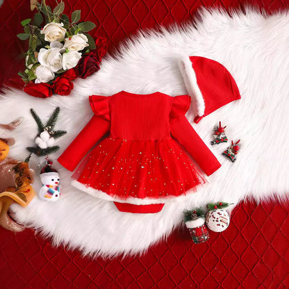 A Autumn new Christmas festive red bow long-sleeved one-piece triangular Romper skirt + Christmas hat