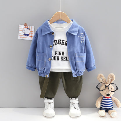 A children's clothing small and medium-sized children's labor suit three piece set, 1-4 year old boys suit collar jacket jacket jacket casual pants bottom shirt set, 0.3kg