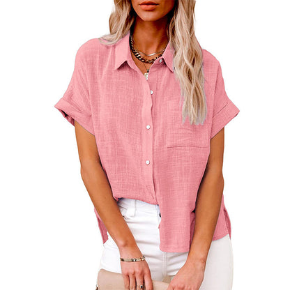 A Amazon wish summer new European and American cross-border women's clothing solid color linen shirt short sleeve casual loose shirt