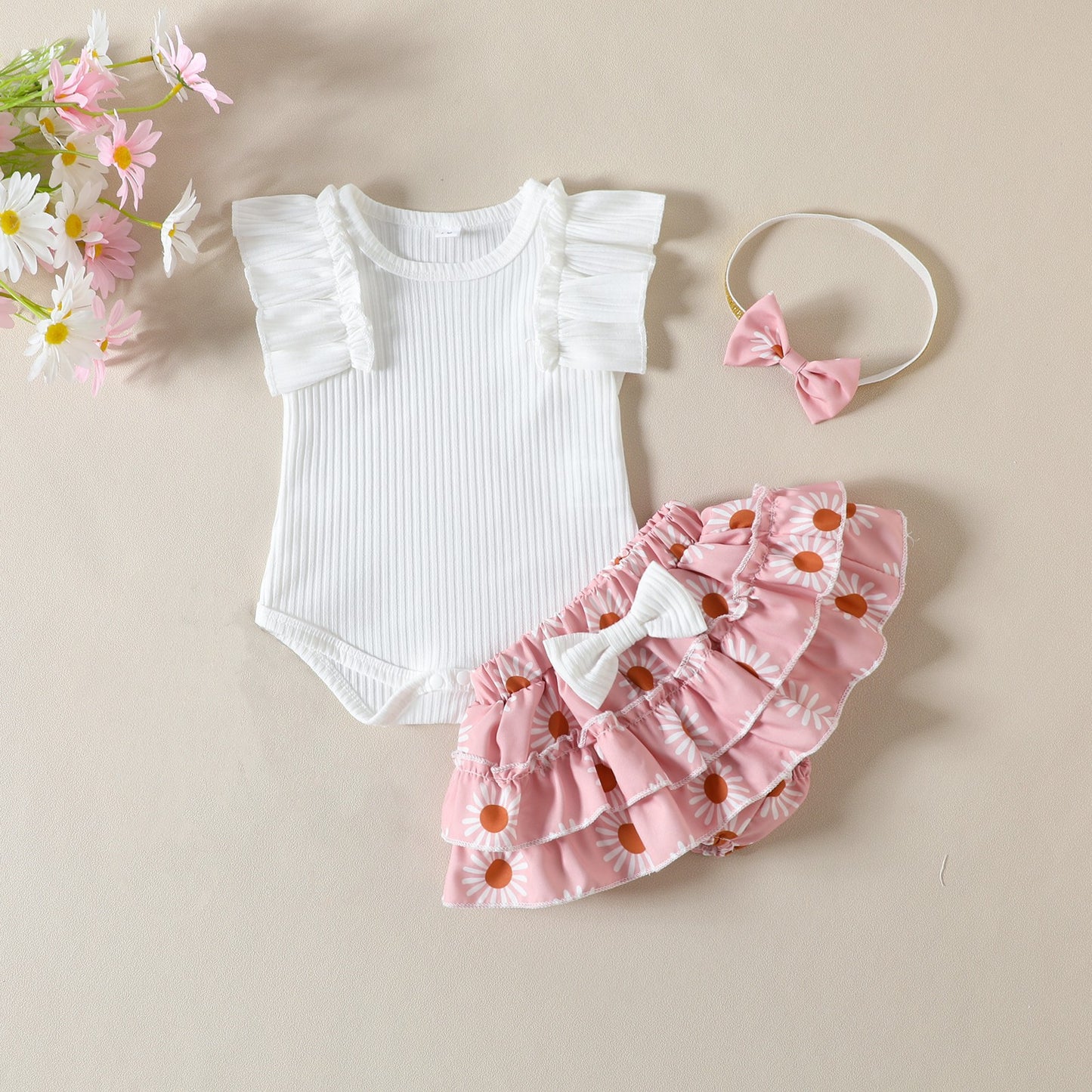 Children's summer baby girl set, 0-24M, baby ruffle edge sleeve jumpsuit, floral pants skirt, headband, 3-piece set, 0.2kg