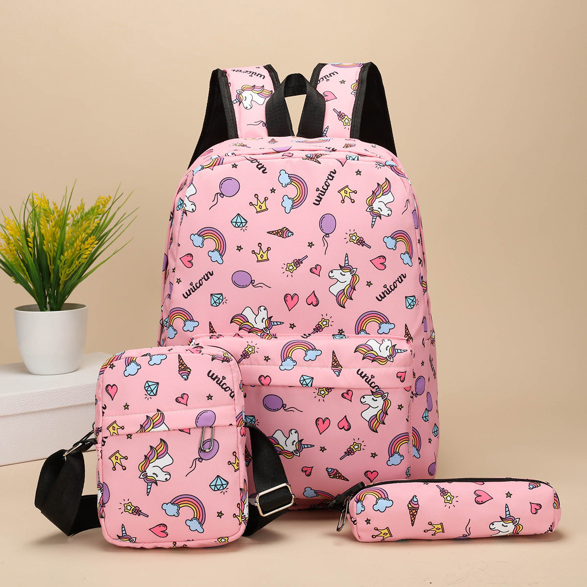 A Amazon high school student backpack for women, unicorn children's backpack, crossbody bag, pencil case, three piece set, shoulder bag for women