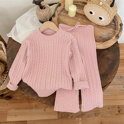 Ropa de invierno para niñas, conjunto de dos piezas de top y pantalones de punto trenzado de estilo coreano, conjunto de suéter informal de estilo occidental para niñas pequeñas 