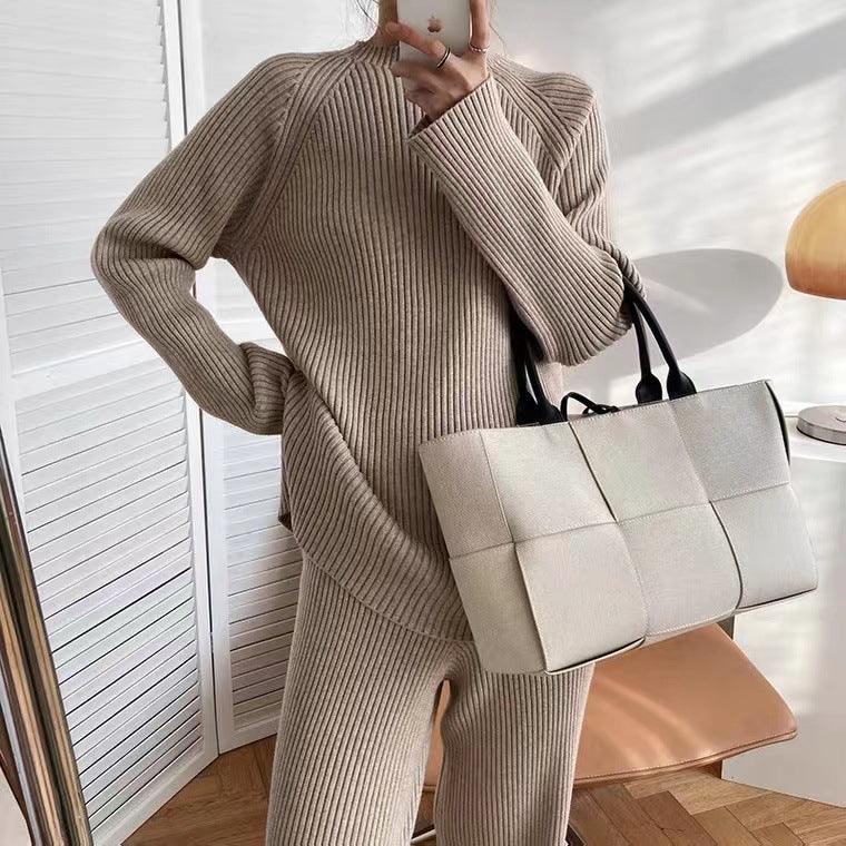 A cross-border new lazy style elegant solid color casual temperament split knitted sweater wide-leg pants two-piece set women