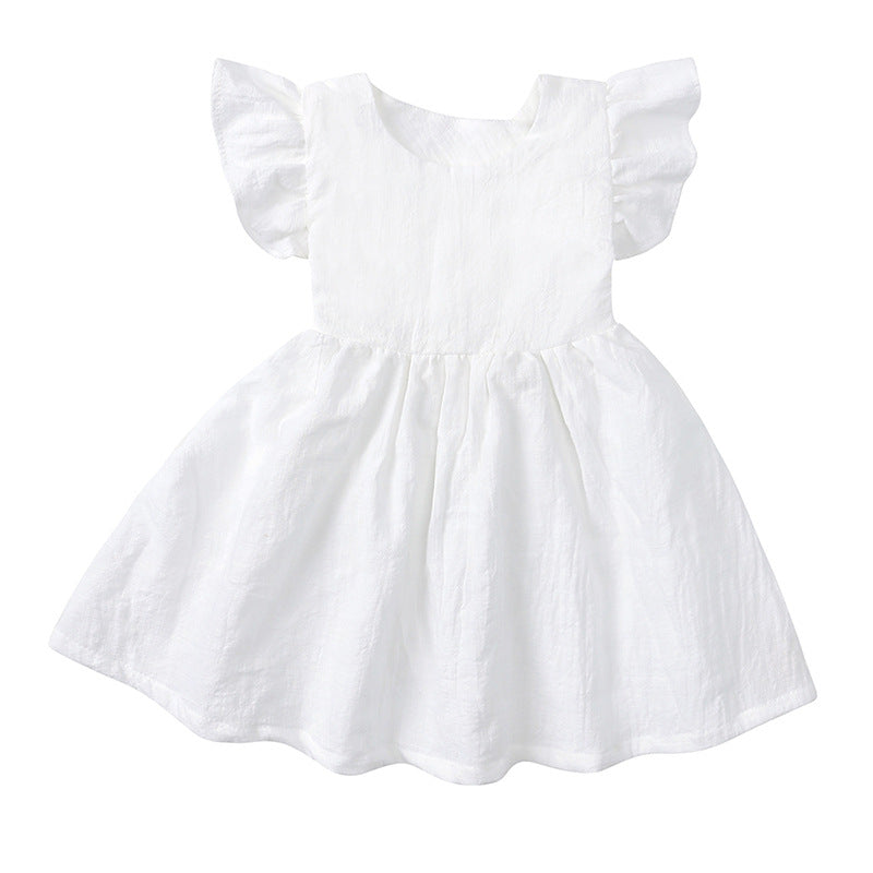 New Girls' Dress Baby Cotton Linen Solid Color Children's Dress Bow Princess Dress Fluffy Dress 0.123kg