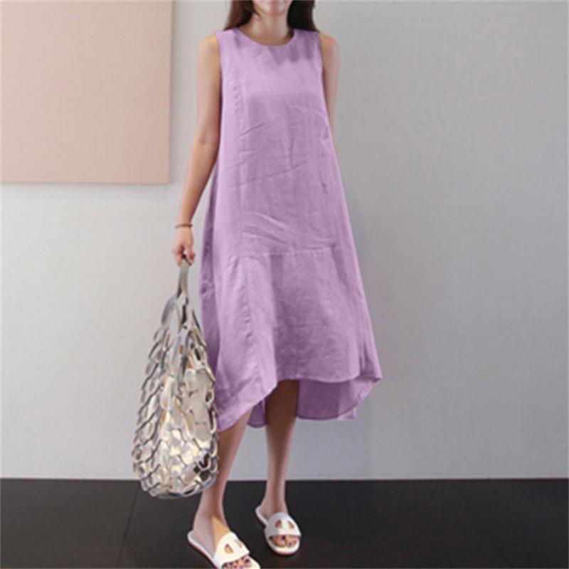 A Cross-border foreign trade summer round neck long dress sleeveless large size loose solid color long pendulum vest cotton and linen dress women