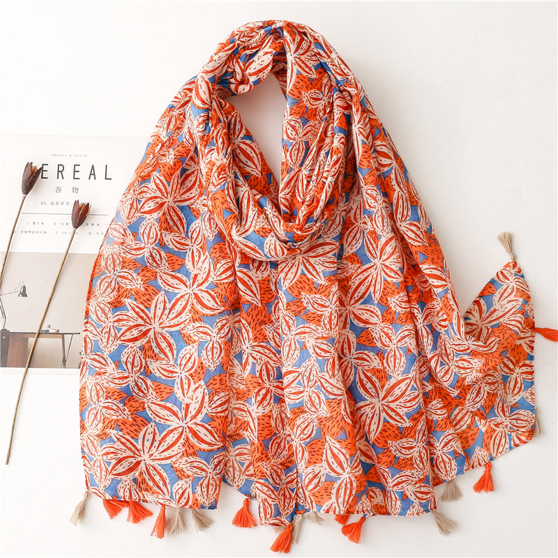 A Yitao Scarf Creative Ethnic Style Cotton and Hemp Hand Feel Scarf Women's Orange Wheat tassel Tourist Beach Scarf Shawl