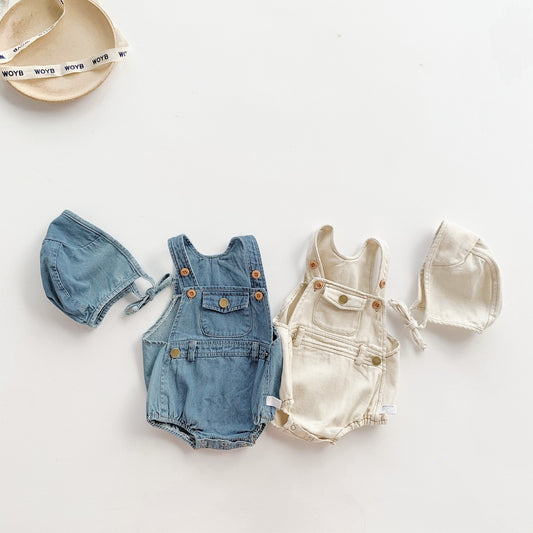 A ins summer Korean version baby and toddler boys and girls sleeveless denim bag butt jumpsuit with shoulder strap climbing suit and hat