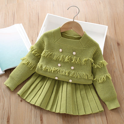 A Girls sweater set  autumn Korean version of fashionable little girl fringed foreign style knitted long-sleeved pullover two-piece set