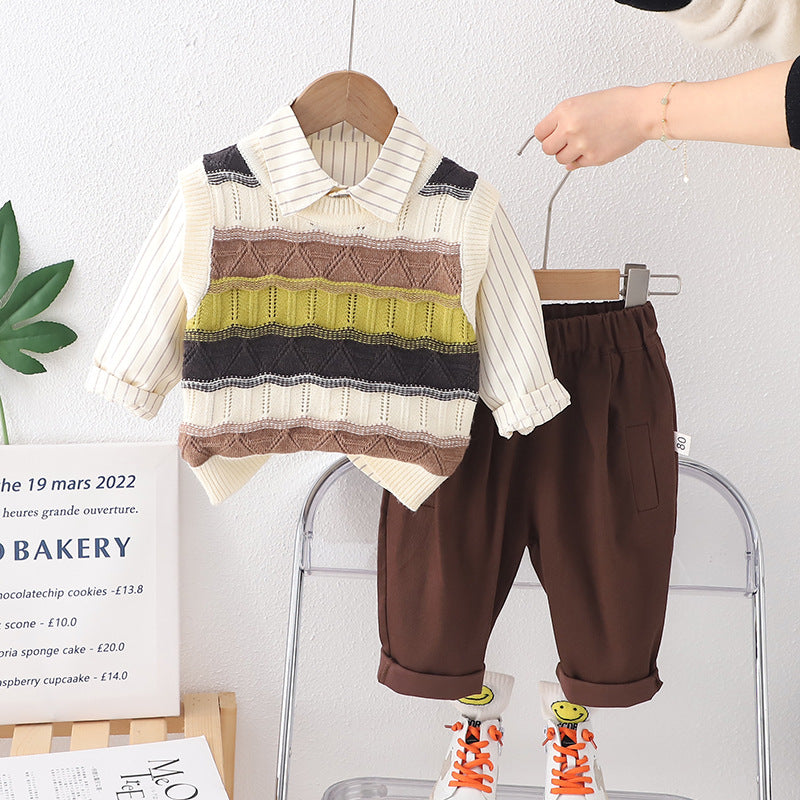 A 2024 new children&#039;s striped vest three-piece suit girl autumn boy Korean version of men&#039;s treasure clothes children&#039;s clothing 0.3KG