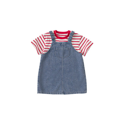 A Babycity summer girls denim bib two-piece western children&#039;s suit short sleeve T-shirt XT24018