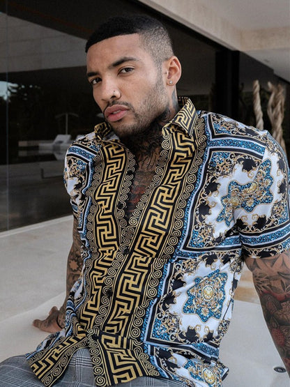 A 2023 Cross border Factory Direct Sales Summer New Ethnic Style Men's Short sleeved Shirts Ethnic Printed Cardigan Top