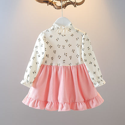 Girls dress spring and autumn clothes new baby girl skirt 0-4 years old round neck princess style children's clothes fake two skirts