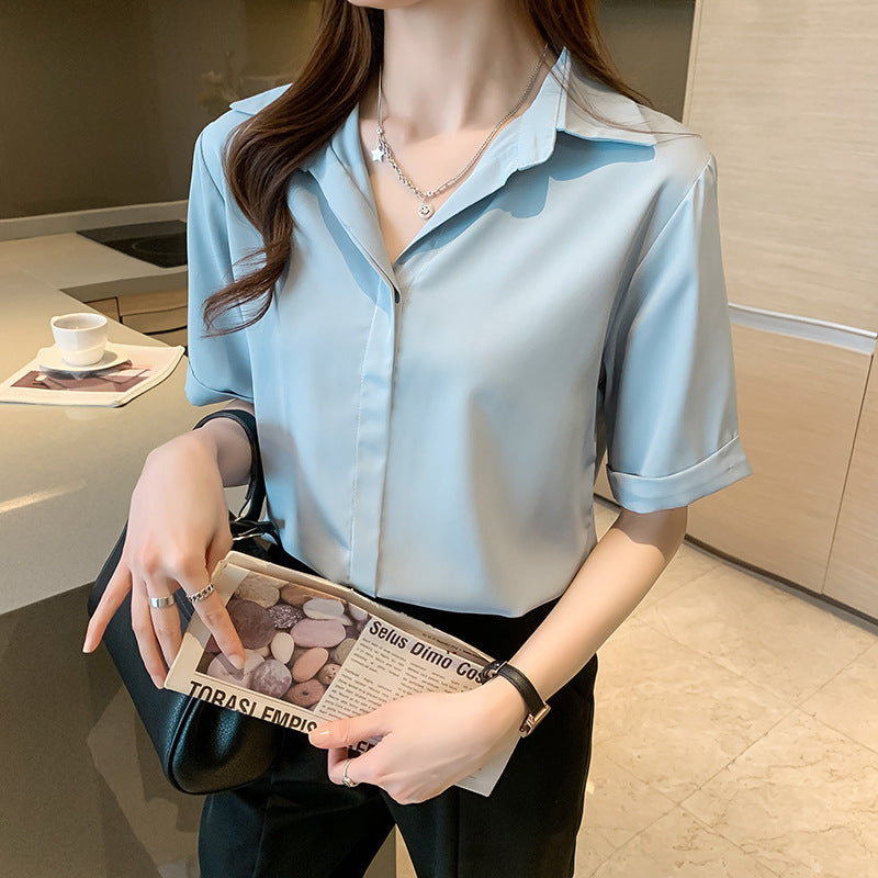 A short-sleeved semi-open neck chiffon shirt women's 2024 Korean version shirt design sense niche loose large size casual top summer