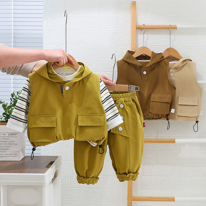 A autumn new boys lapel shirt long-sleeved three-piece boy's tooling trousers striped vest set