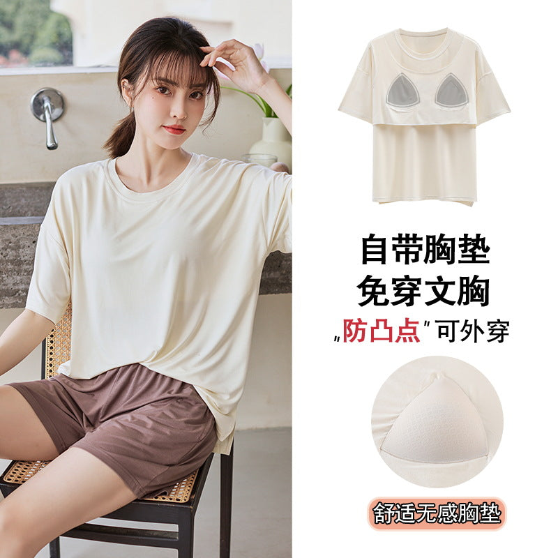 A 2024 Modal pajamas women's summer thin short-sleeved shorts anti-bumps with chest pads loungewear suit can be worn outside