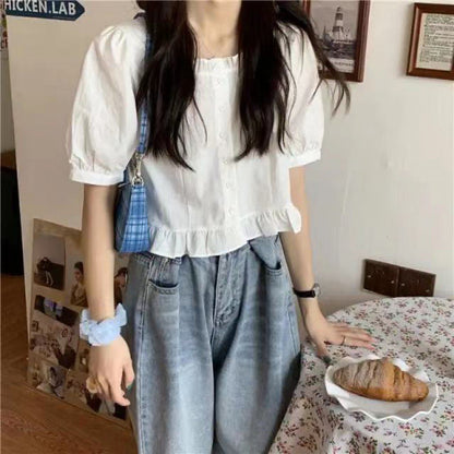 A Summer New 2024 Lotus Leaf Edge Short Sleeve Shirt Women's High Waist Salt Sweet Bubble Sleeves