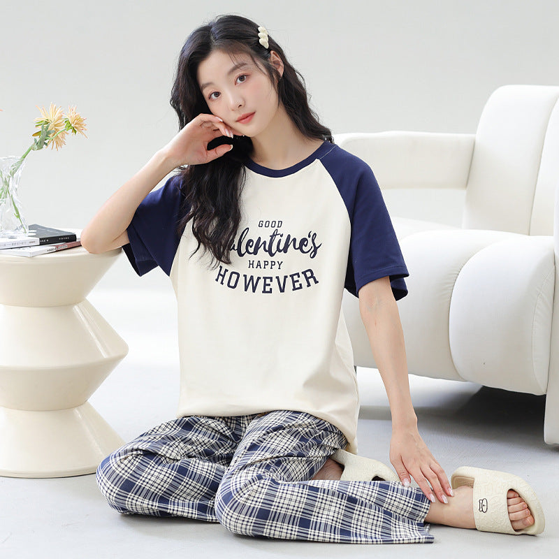 A pajamas women's summer women's pure cotton thin cool short-sleeved trousers round neck summer large-size women's loungewear suit