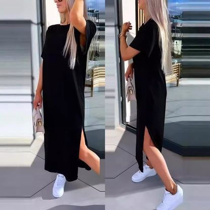 A 2024 Amazon ebay Europe and America summer new solid color short-sleeved round neck hem split dress women's foreign trade batch