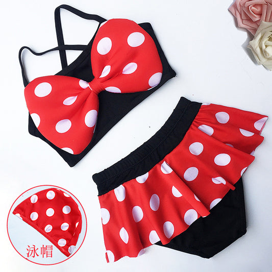 A children's swimsuit, girl's small and medium-sized baby split body cute polka dot bikini swimsuit, sexy with swim cap set 0.12kg