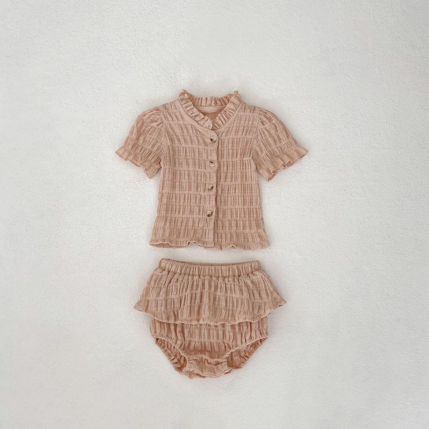 A girl's summer pure cotton Class A 2024 new baby ear collar short sleeved top with small skirt hem pants set