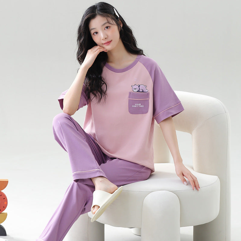 A pajamas women's summer women's pure cotton thin cool short-sleeved trousers round neck summer large-size women's loungewear suit