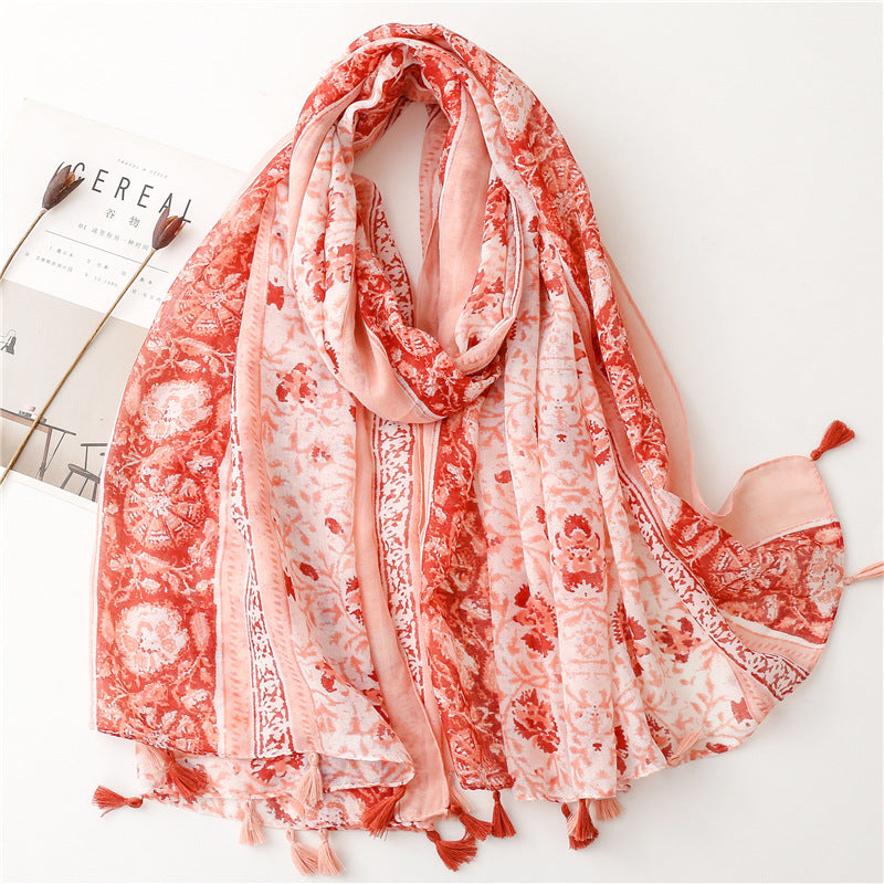 A Yitao Scarf Creative Ethnic Style Cotton and Hemp Hand Feel Scarf Women's Orange Wheat tassel Tourist Beach Scarf Shawl