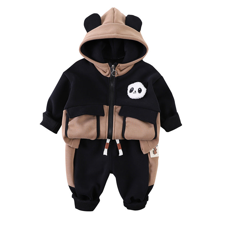 A Winter fleece thickened casual hooded cartoon sweater color matching trousers two-piece set one-year-old boy baby autumn and winter clothing