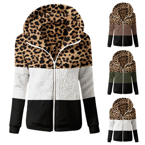 Leopard Print Color Block Long Sleeve Plush Top Women's Winter Thickened Women's Hooded Jacket