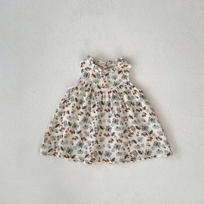 Vestido de verano 2024 para niña, camiseta sin mangas con estampado de mariposas y cerezas a la moda para niña pequeña 