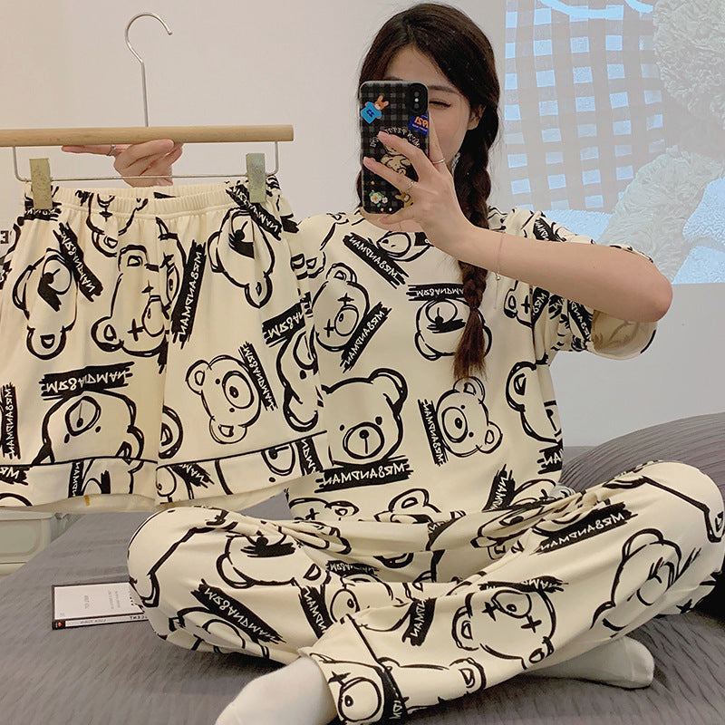 A pajamas women's three-piece set of pure cotton summer short-sleeved trousers cartoon cute can be worn outside 2024 new loungewear summer