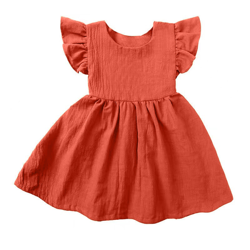 Vestido de verano de estilo europeo y americano para niñas, estilo fino de algodón y lino para niñas, mangas voladoras, falda sin espalda de color sólido, 0,05 kg 