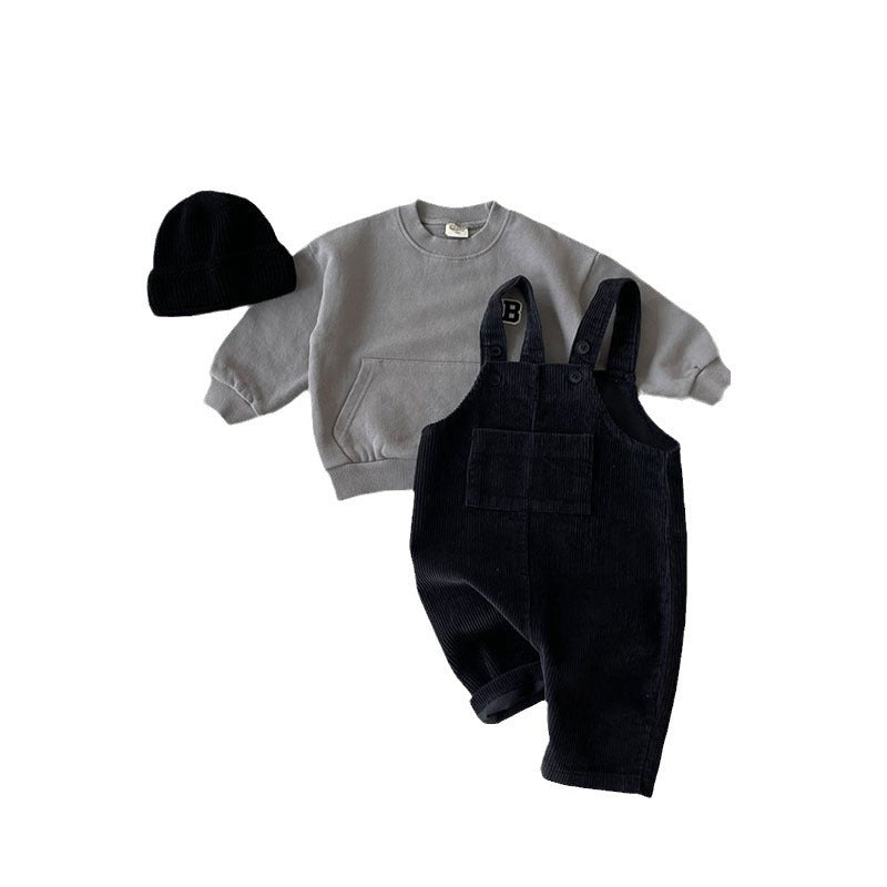 Versión coreana de Instagram de ropa de primavera y otoño para niños, nuevo mono para hombres y mujeres, pantalones casuales de pana de moda para bebés con hombros descubiertos 0,22 kg 