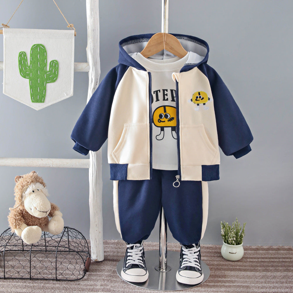 A baby boy winter three-piece set velvet children's long-sleeved hooded children's clothing new hanging bag zipper shirt children's suit