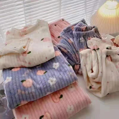 Conjunto de pijama de polar coral con estampado de osos de otoño e invierno para mujer, ropa de estar por casa holgada y cálida, conjunto de dos piezas de manga larga