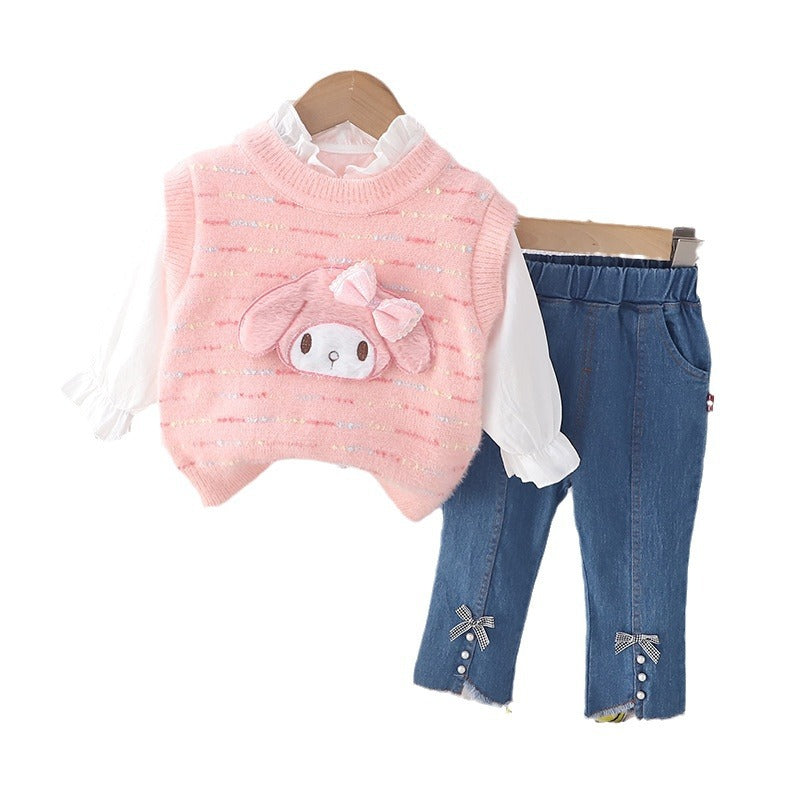 A new cartoon set girls sweater spring children's autumn sweater vest set three-piece wholesale