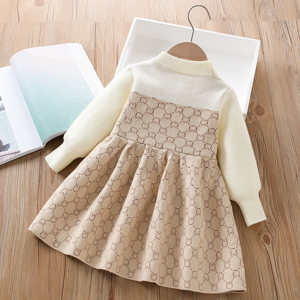 A girls sweater dress autumn and winter new little girl bow wool knitted long-sleeved pullover princess dress