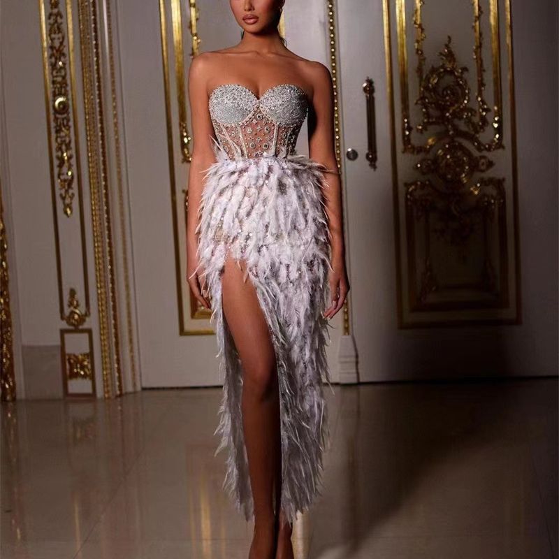 A cross-border gorgeous feather rhinestone beads sexy perspective high split tube top dress birthday party banquet dress