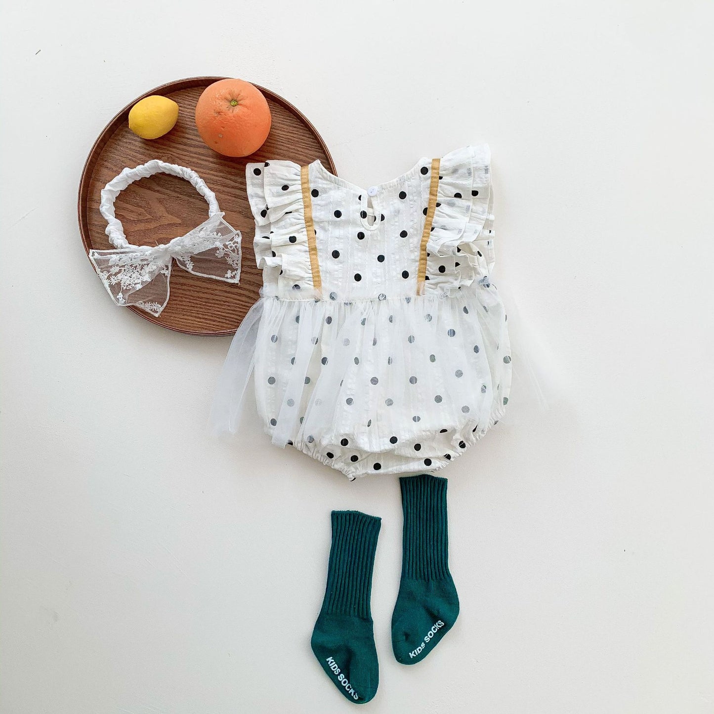 A 2022 New Baby and Children's Triangle Climbing Pullover Women's Short sleeved White Summer jumpsuit Sweetheart polka dot mesh skirt