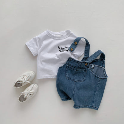 Boys and Girls Korean Spring/Summer New jumpsuit with baby trend denim strap set for children's casual shorts 0.25kg