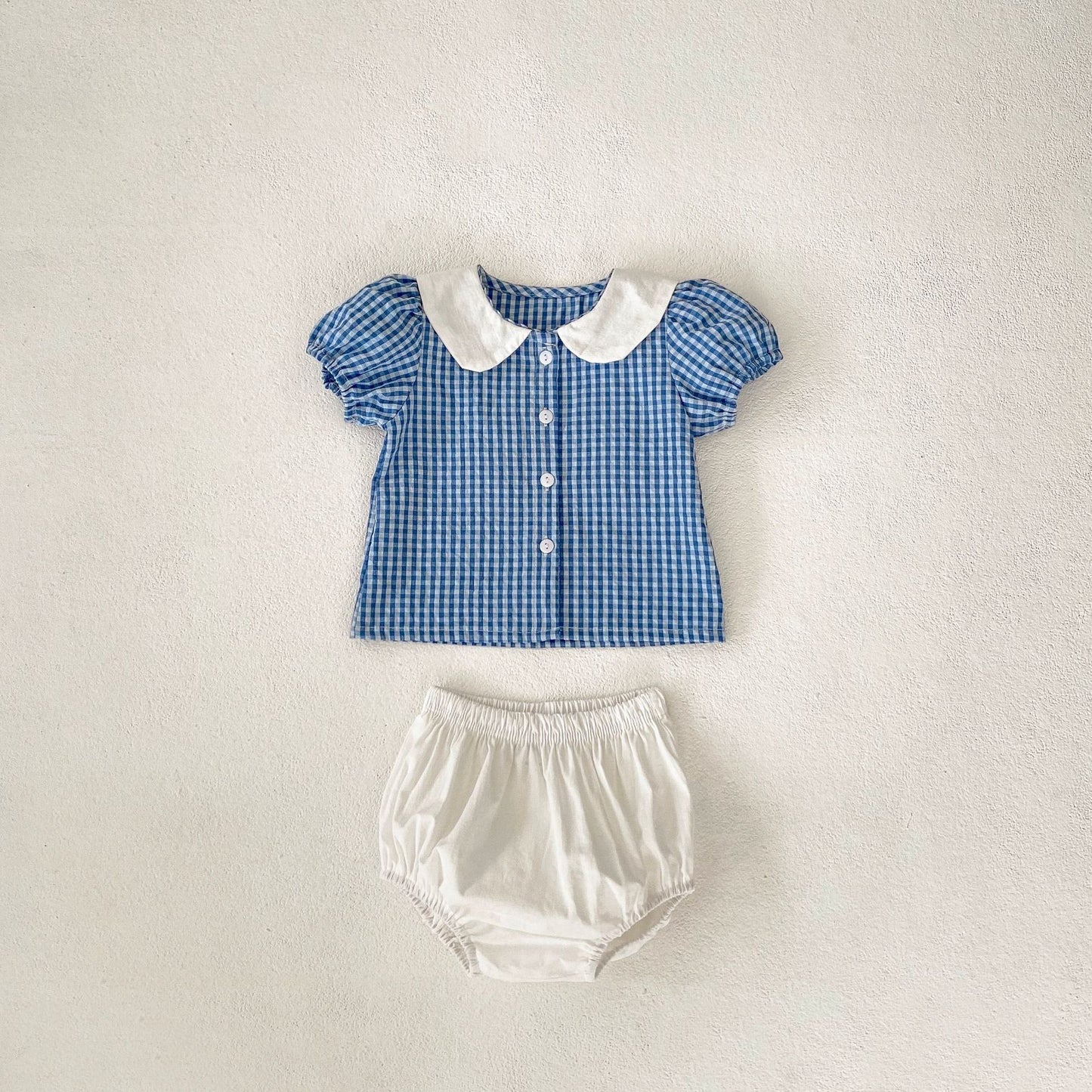 Conjunto de 2 piezas de top a cuadros con cuello de muñeca de conejo para bebés y niñas pequeñas de verano de 2024 + pantalones de pan versátiles 