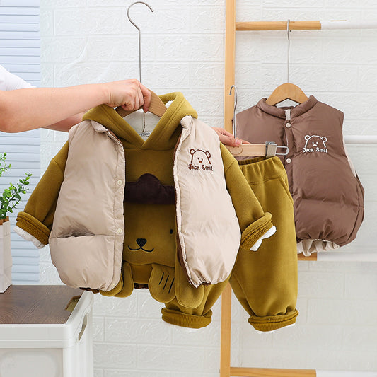 A children's clothing winter clothing new children's cartoon three-piece set Korean version down vest cartoon sweater three-piece set long-sleeved winter