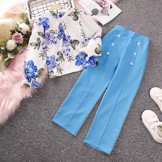 popular girls' suit,  spring new children's clothing printing, long-sleeved top, trousers, foreign trade children's clothing, 0.18kg