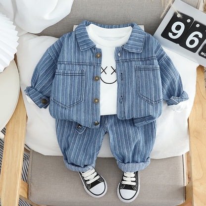 Boy's Spring Suit Baby Tide Spring Children's Clothes Boy's Spring and Autumn Vertical Strip Smiley Denim Three-piece Set for Babies and Children 0.3kg