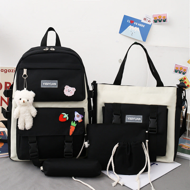 A Spring New Canvas Backpack Women's Korean Version Large Capacity Five-Piece Set Middle School Student Backpack College Student School Bag