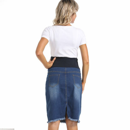 A Cross-border summer pregnant women's belly support denim skirt fashionable hot mom casual thin large size loose rough edge maternity skirt