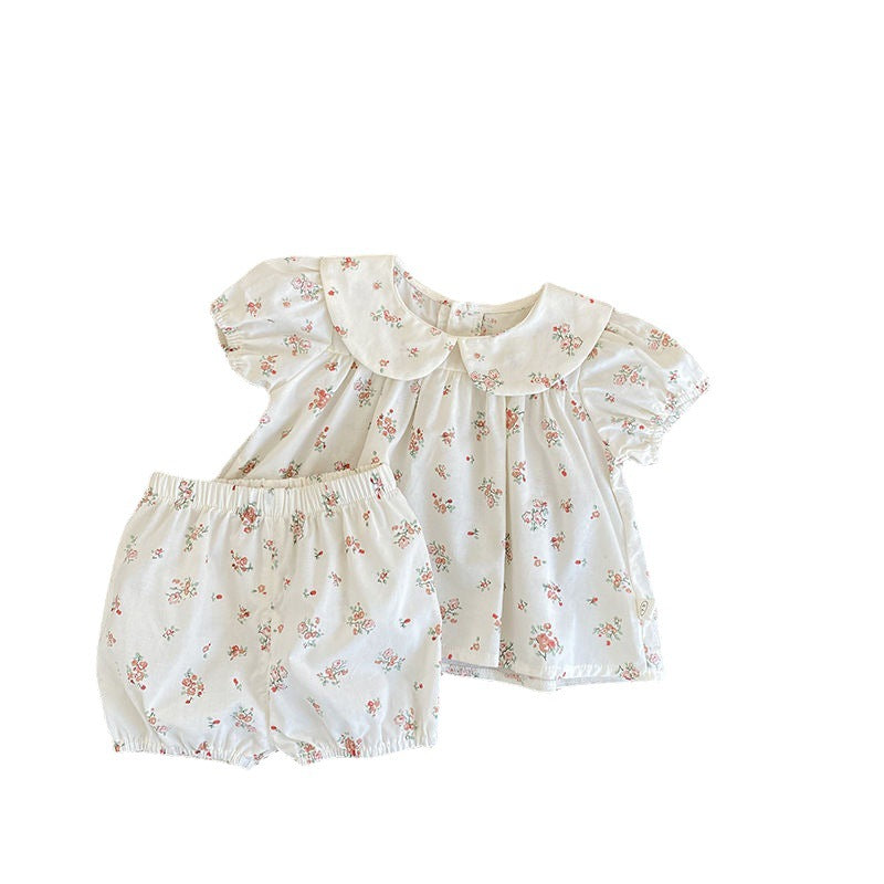 Girl Baby Fragmented Flower Set Summer New Fashionable Baby Doll Neck Skirt Shorts Pure Cotton Two Piece Set