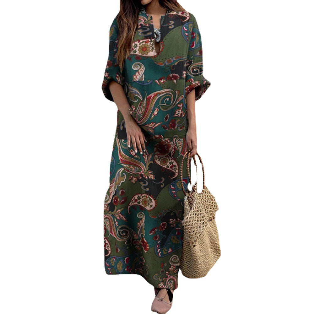 V-neck five-quarter sleeve dress 2023 spring long skirt ethnic style retro print loose plus size women's clothing